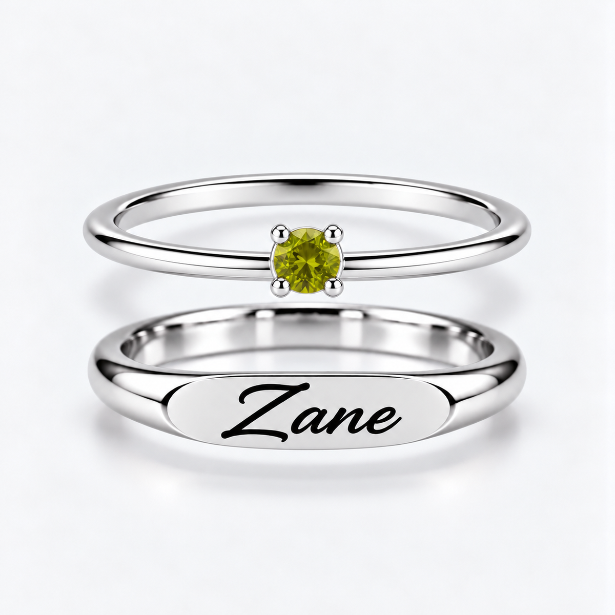 Engraved Name & Anniversary Birthstone Ring Set