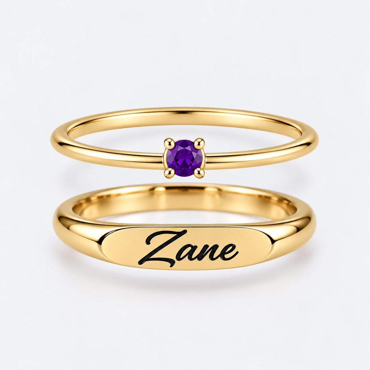 Engraved Name & Anniversary Birthstone Ring Set