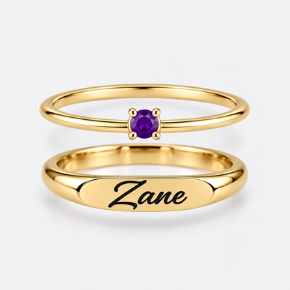 Engraved Name & Anniversary Birthstone Ring Set