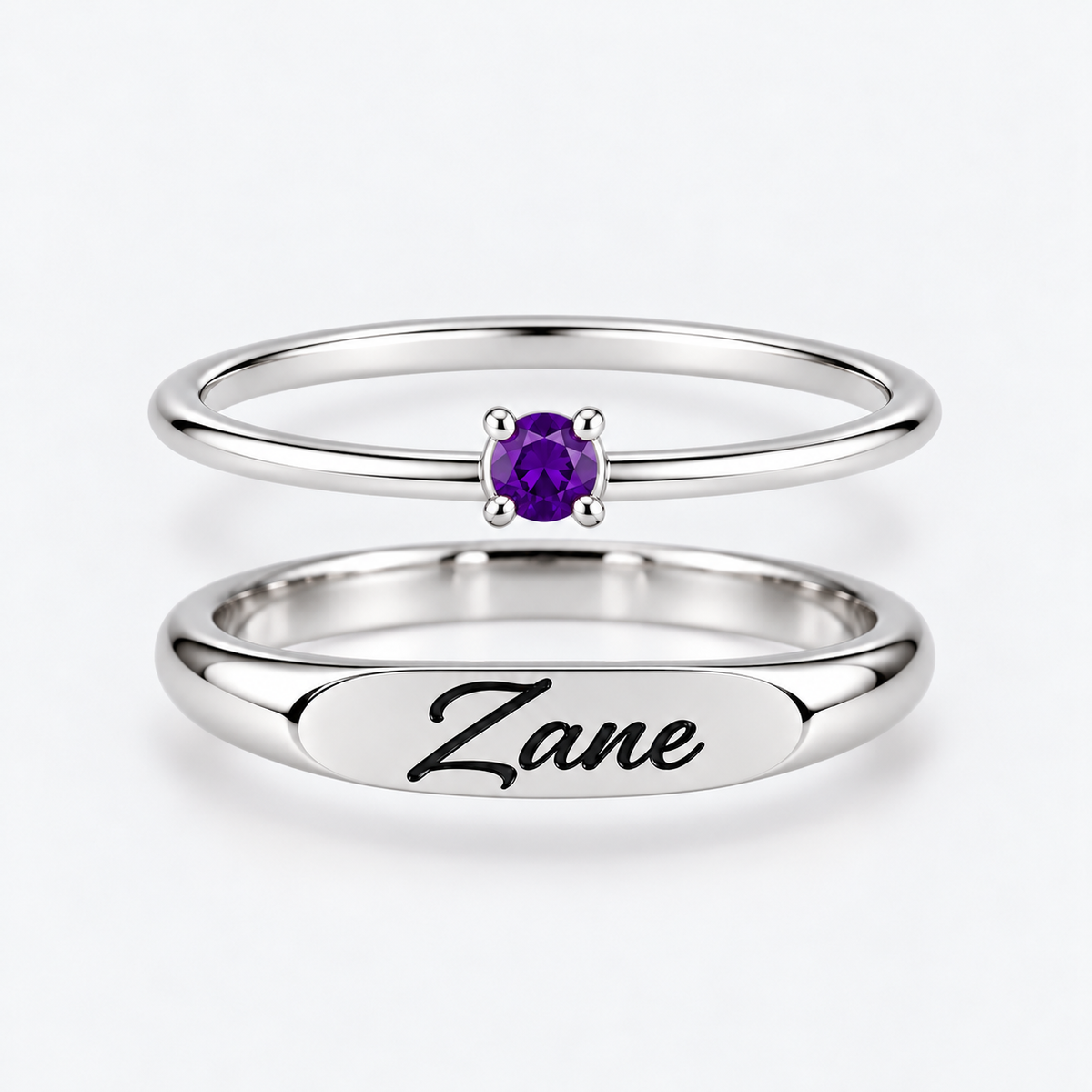 Engraved Name & Anniversary Birthstone Ring Set