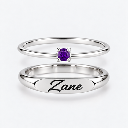 Engraved Name & Anniversary Birthstone Ring Set