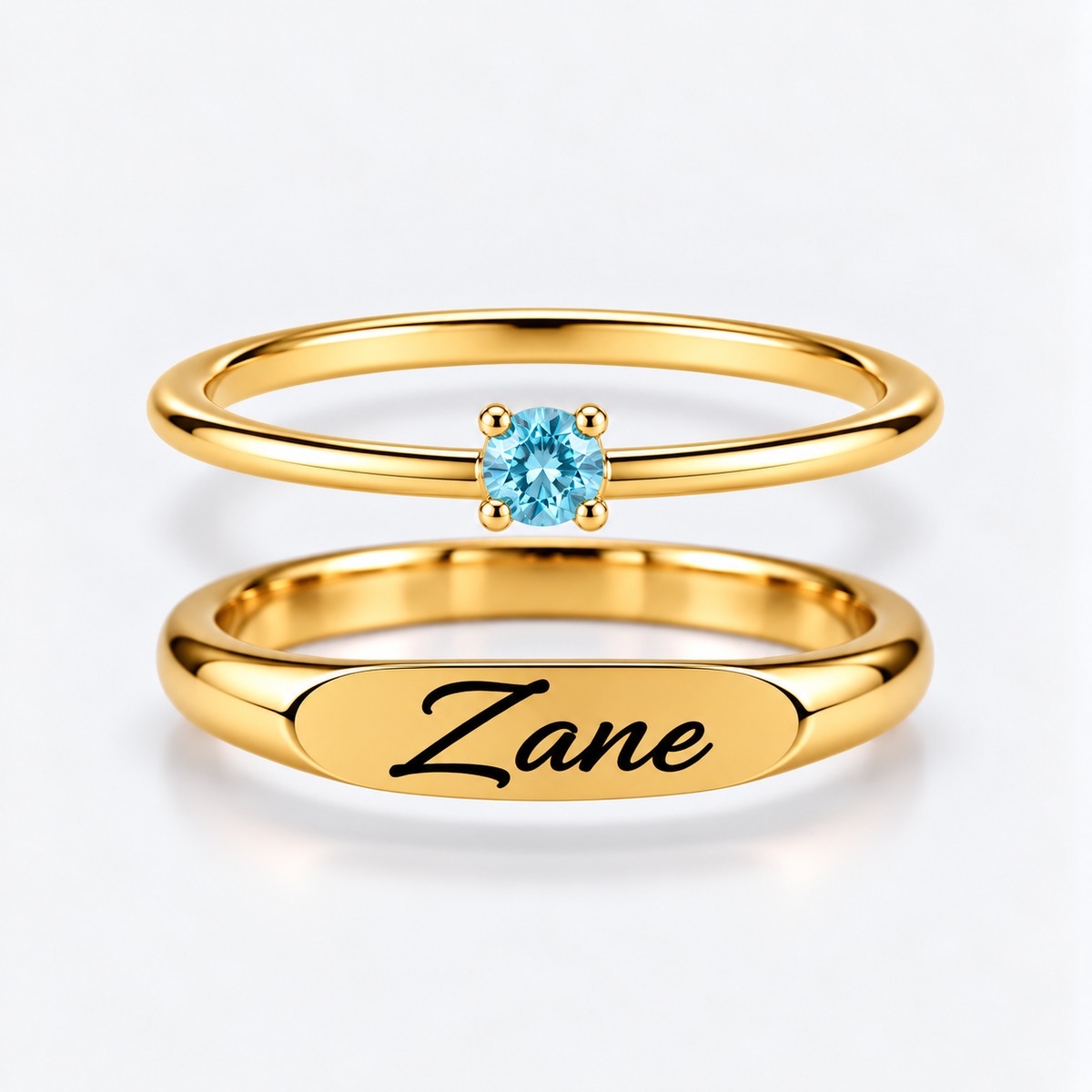 Engraved Name & Anniversary Birthstone Ring Set