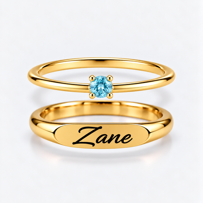 Engraved Name & Anniversary Birthstone Ring Set
