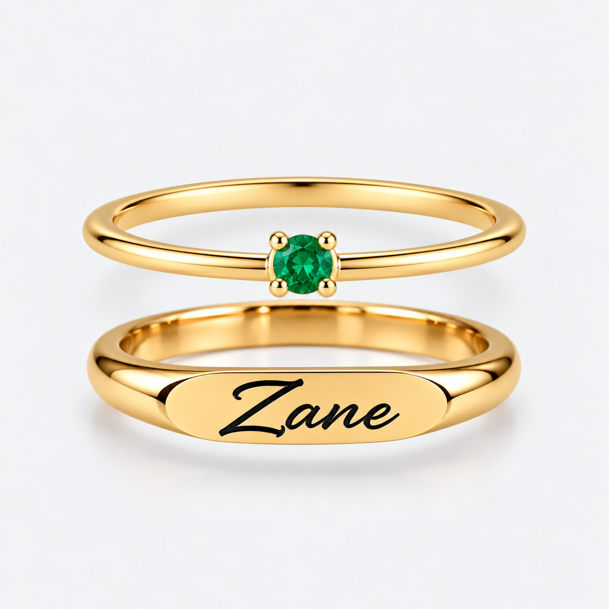 Engraved Name & Anniversary Birthstone Ring Set