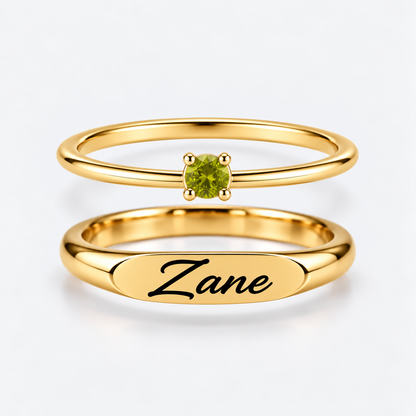 Engraved Name & Anniversary Birthstone Ring Set