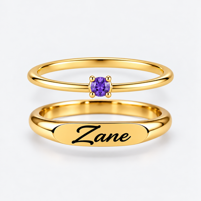 Engraved Name & Anniversary Birthstone Ring Set
