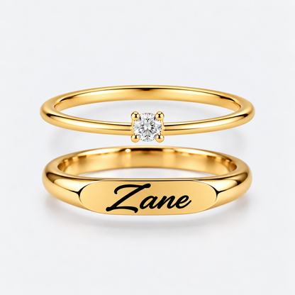 Engraved Name & Anniversary Birthstone Ring Set