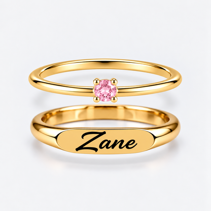 Engraved Name & Anniversary Birthstone Ring Set
