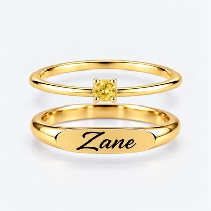 Engraved Name & Anniversary Birthstone Ring Set