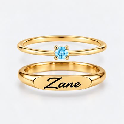 Engraved Name & Anniversary Birthstone Ring Set