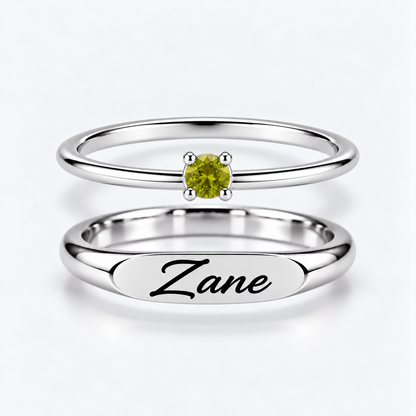 Engraved Name & Anniversary Birthstone Ring Set