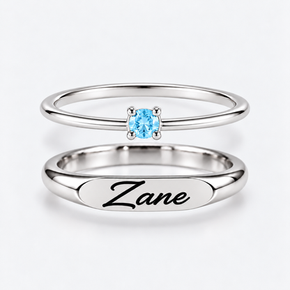 Engraved Name & Anniversary Birthstone Ring Set