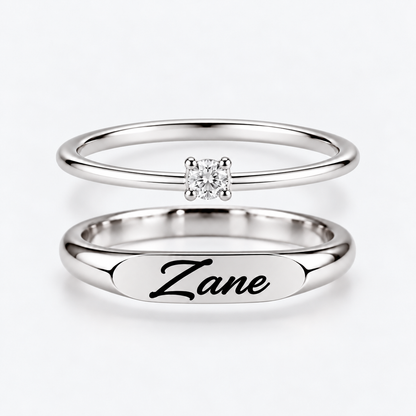 Engraved Name & Anniversary Birthstone Ring Set