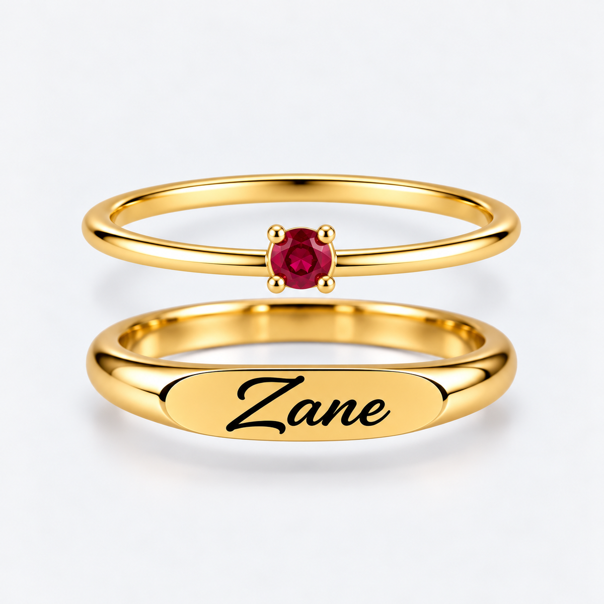 Engraved Name & Anniversary Birthstone Ring Set