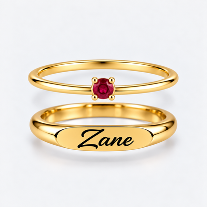 Engraved Name & Anniversary Birthstone Ring Set