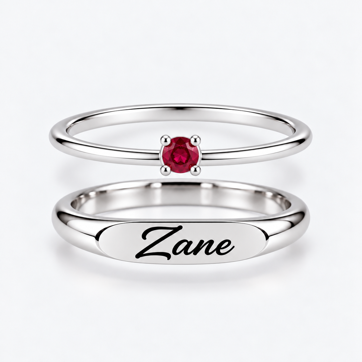 Engraved Name & Anniversary Birthstone Ring Set