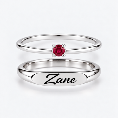 Engraved Name & Anniversary Birthstone Ring Set