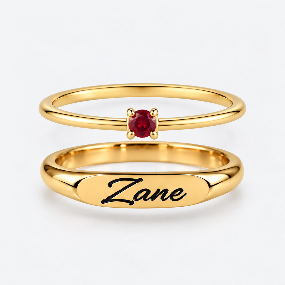 Engraved Name & Anniversary Birthstone Ring Set