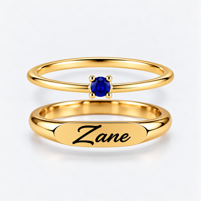 Engraved Name & Anniversary Birthstone Ring Set