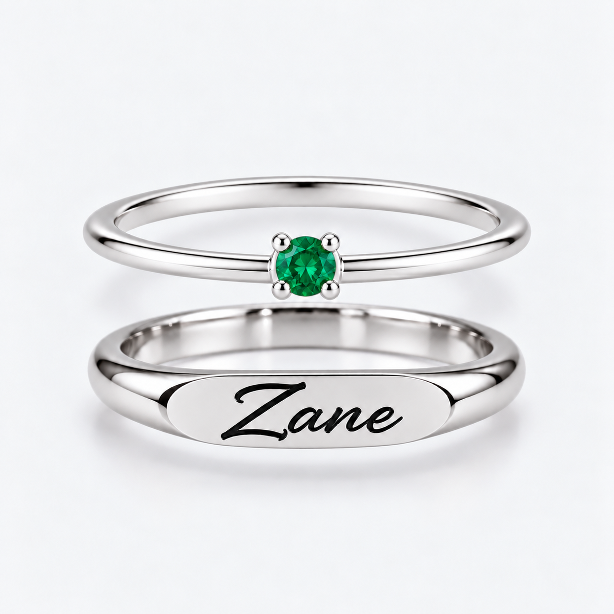 Engraved Name & Anniversary Birthstone Ring Set