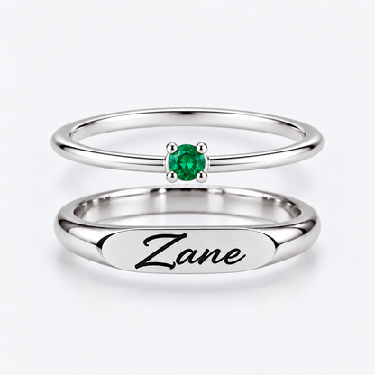 Engraved Name & Anniversary Birthstone Ring Set