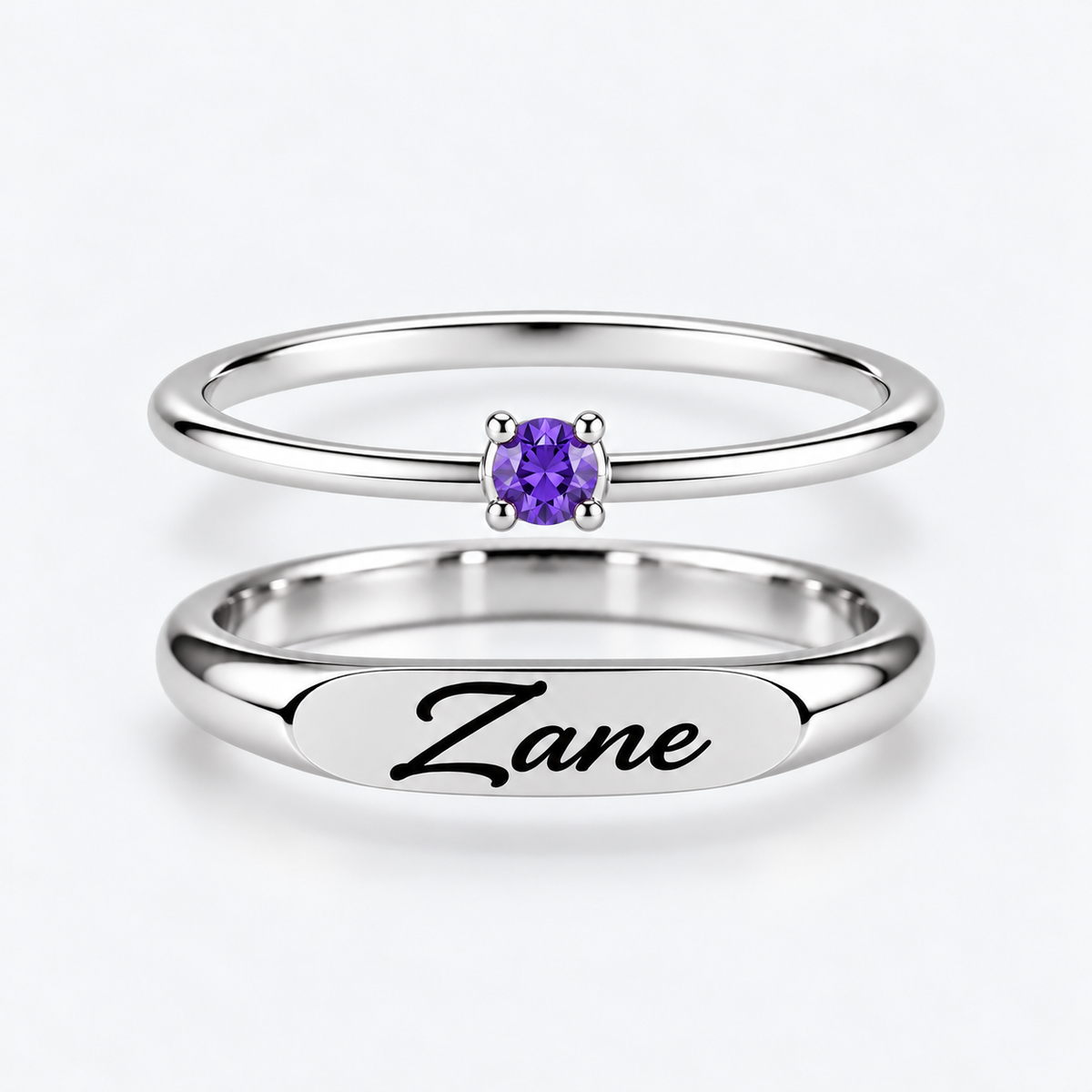 Engraved Name & Anniversary Birthstone Ring Set