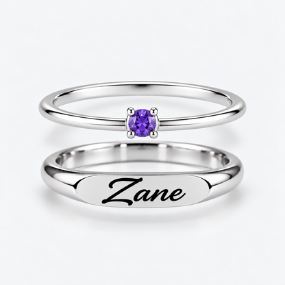 Engraved Name & Anniversary Birthstone Ring Set