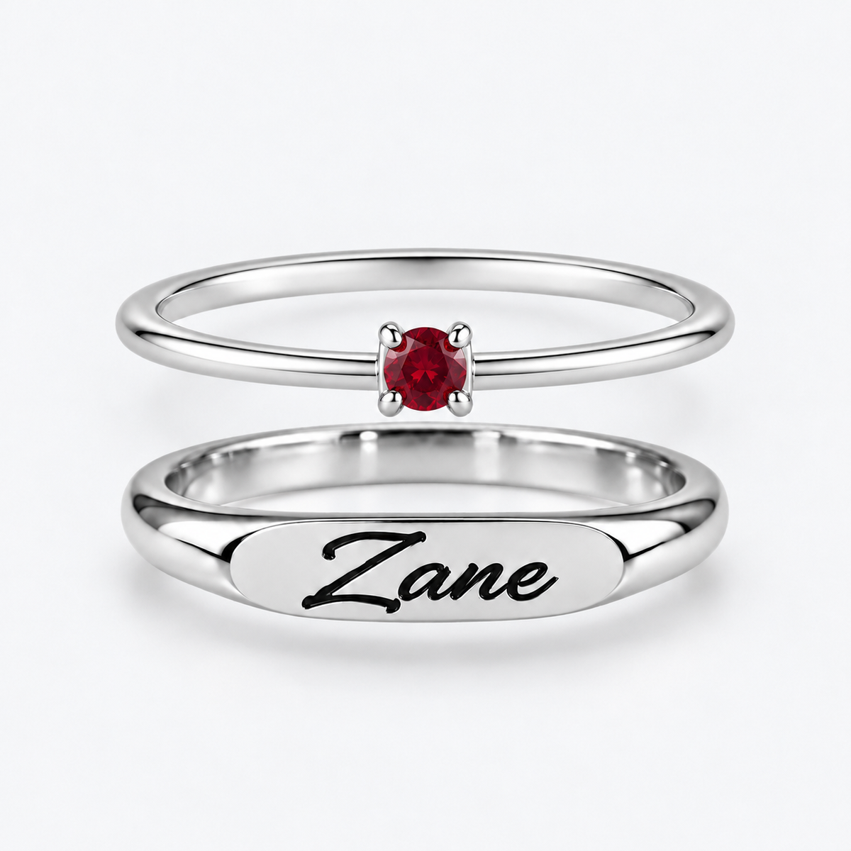 Engraved Name & Anniversary Birthstone Ring Set