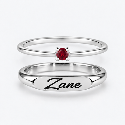 Engraved Name & Anniversary Birthstone Ring Set