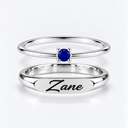 Engraved Name & Anniversary Birthstone Ring Set