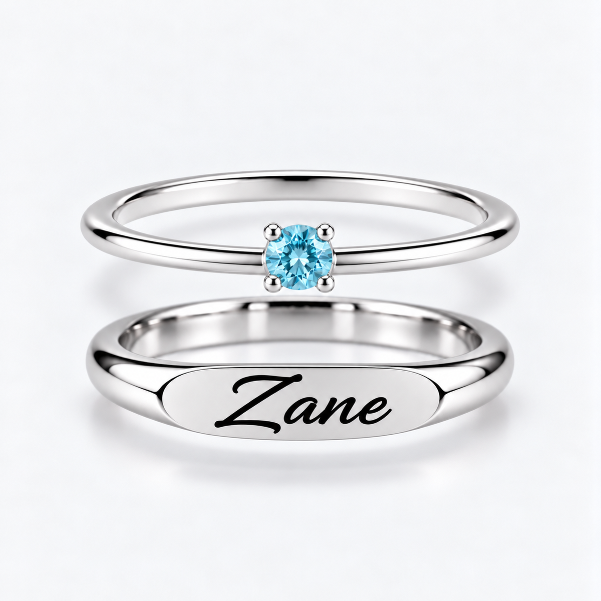 Engraved Name & Anniversary Birthstone Ring Set