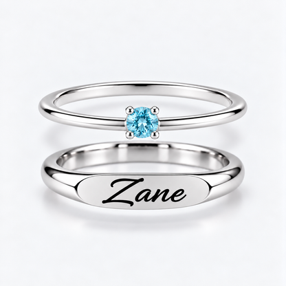 Engraved Name & Anniversary Birthstone Ring Set