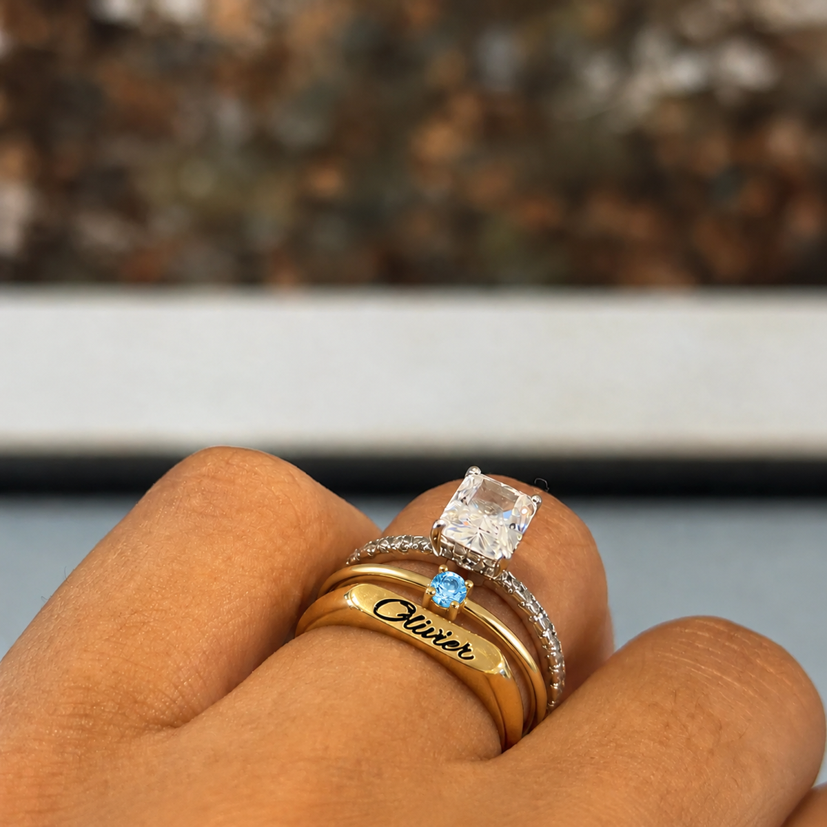 Engraved Name & Anniversary Birthstone Ring Set