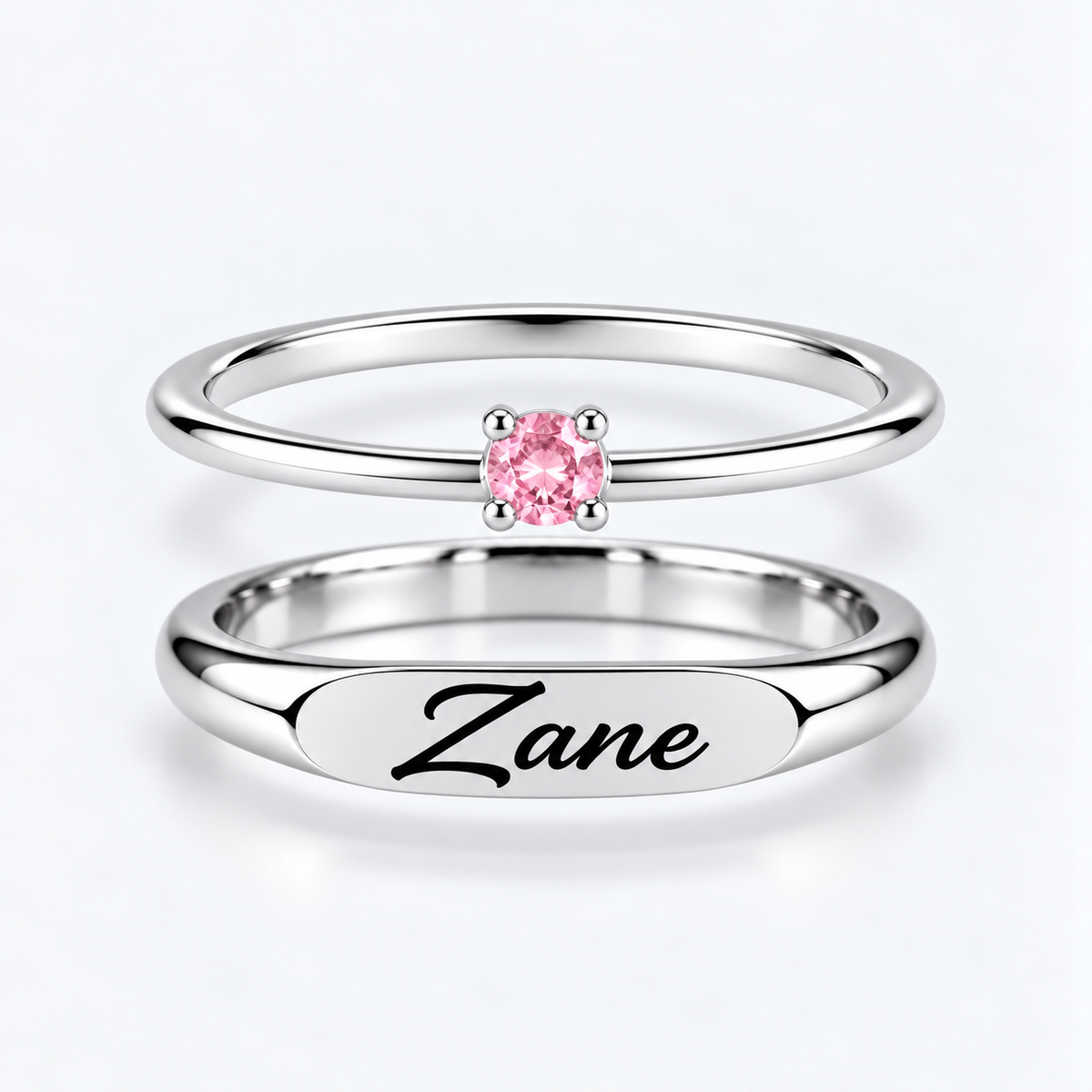 Engraved Name & Anniversary Birthstone Ring Set