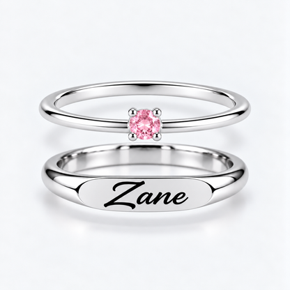 Engraved Name & Anniversary Birthstone Ring Set