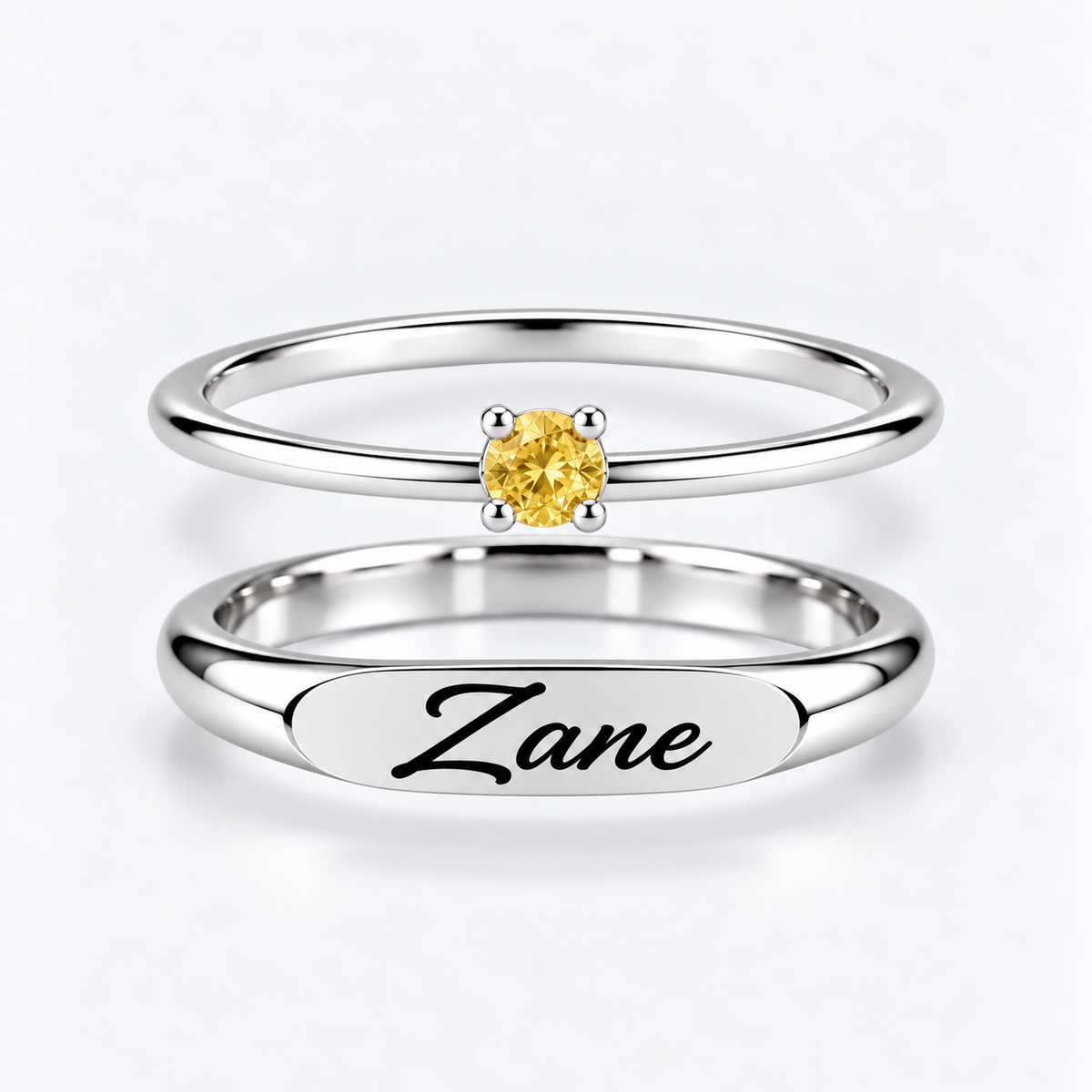 Engraved Name & Anniversary Birthstone Ring Set