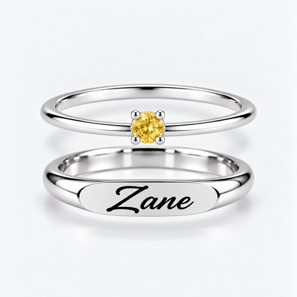 Engraved Name & Anniversary Birthstone Ring Set